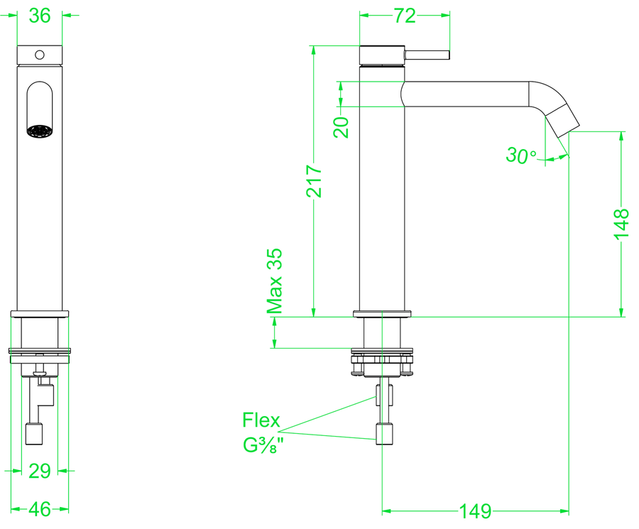 IVY Bond wastafelmengkraan model M, alle kleuren - technische tekening