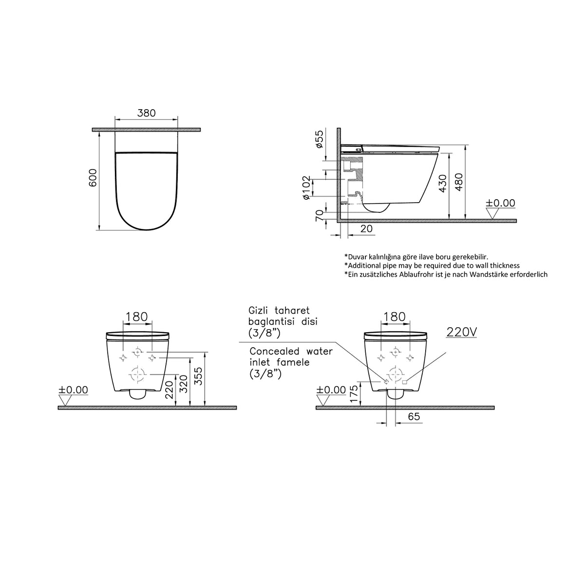 VitrA V-Care 3 Base douche WC technische tekening maatvoering #variant_57407838257476 variant_57407838257476