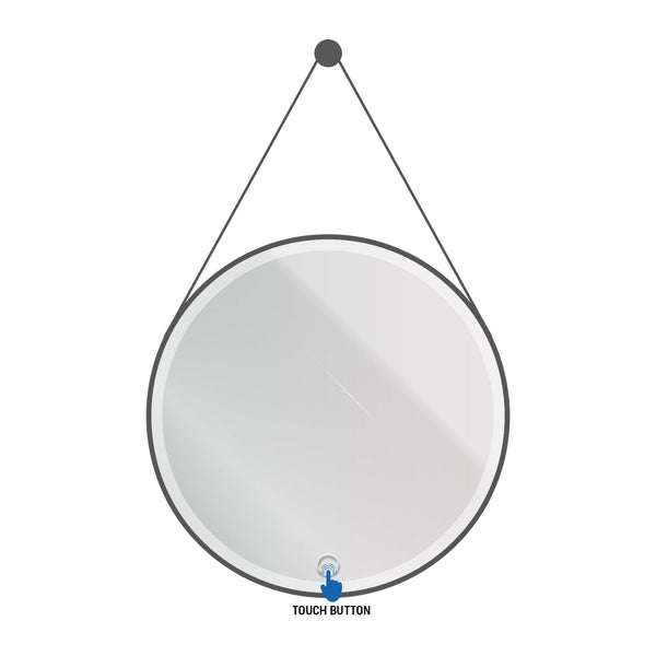 Aloni Beltia Spiegel - met LED Verlichting - rond - met lijst - met Imitatie Lederen Band en Haak - Kleurtemperatuur LED 3500 - 6500K - 80 cm - Mat Zwart