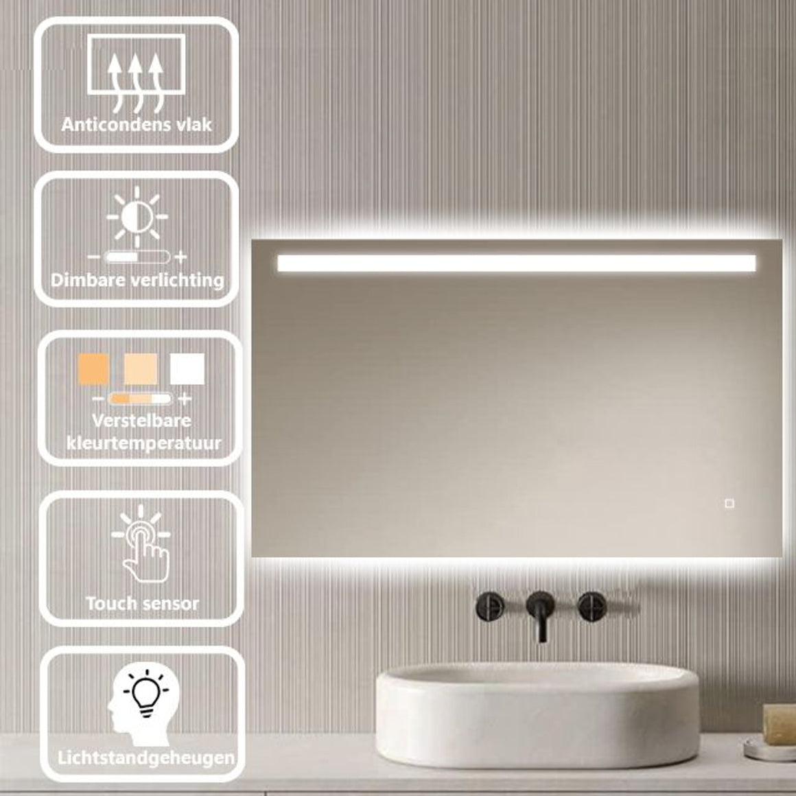 Loxa Ambi rechthoekige LED badkamerspiegel randloos 100 x 60 cm functies