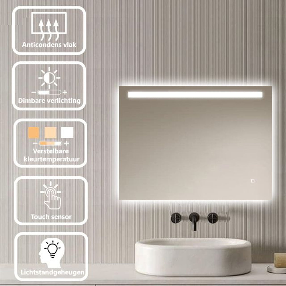 Loxa Ambi rechthoekige LED badkamerspiegel randloos 80 x 60 cm functies