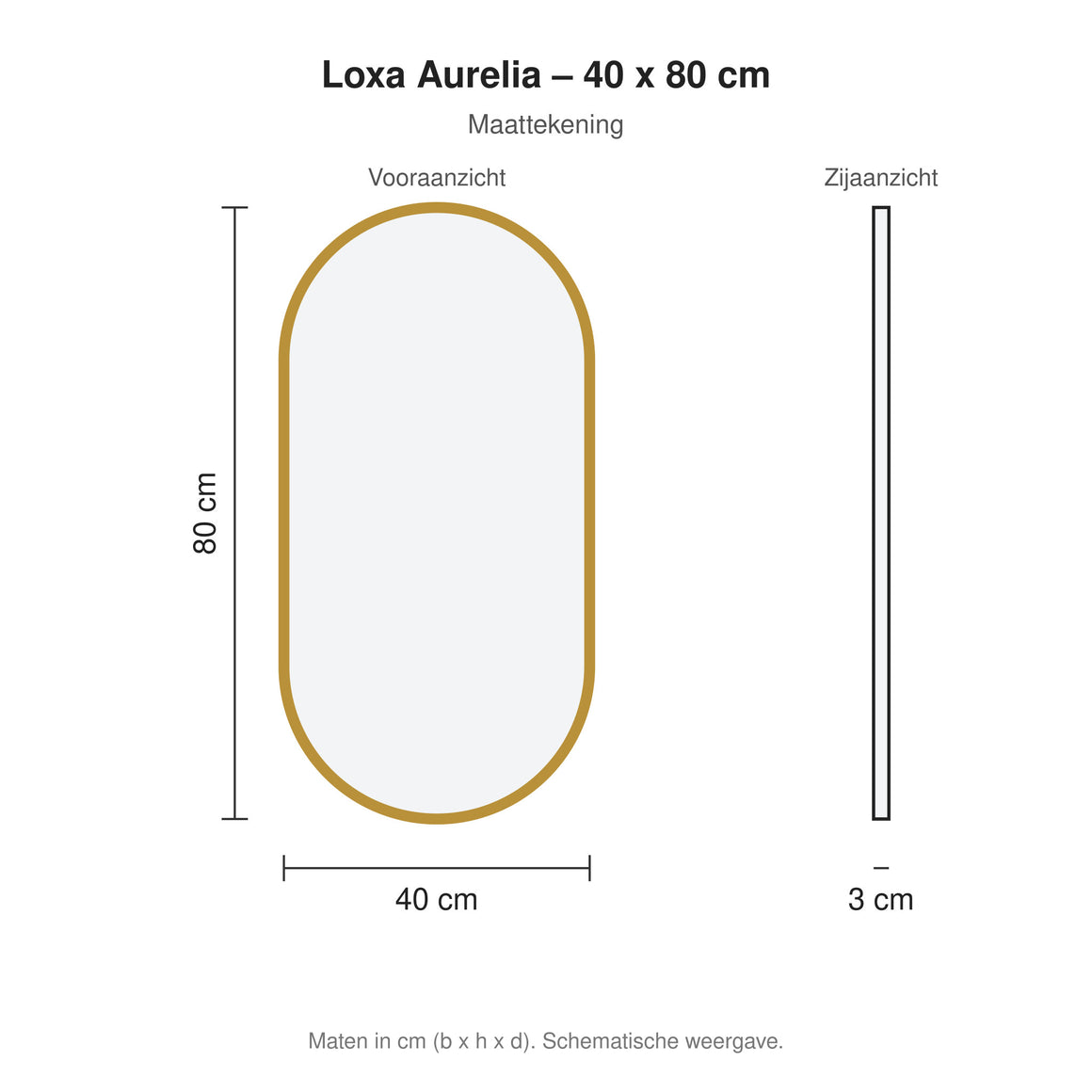 Loxa Aurelia ovale LED badkamerspiegel met gouden lijst 40 x 80 cm maattekening
