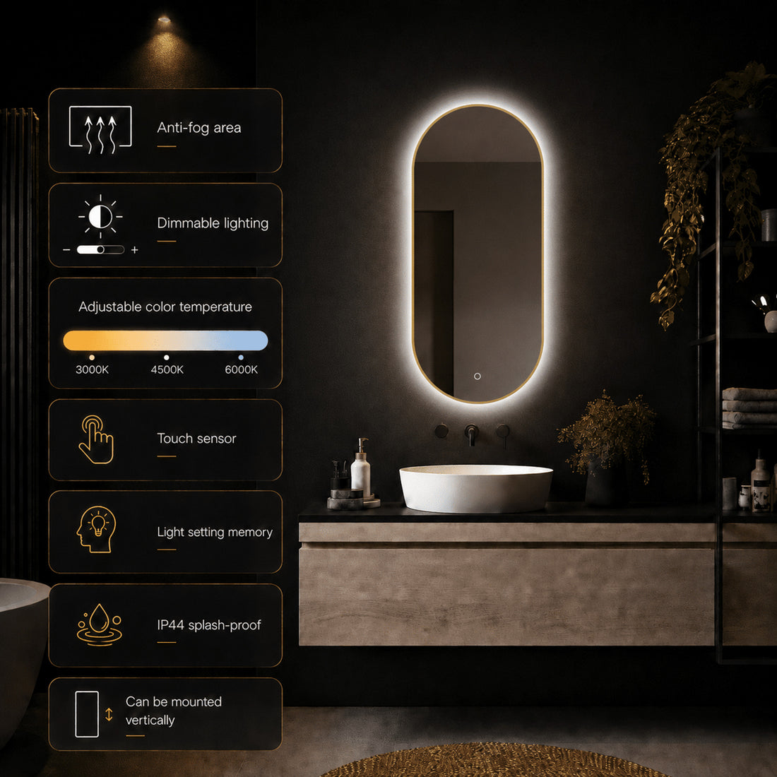 Loxa Aurelia ovale LED badkamerspiegel met gouden lijst 40 x 80 cm sfeerfoto 2