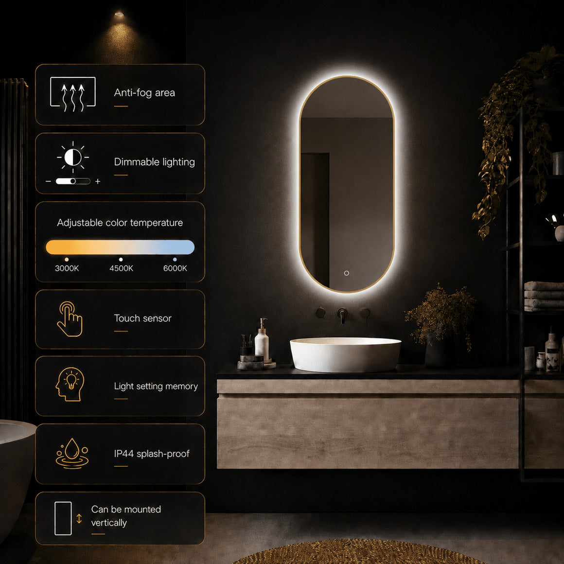 Loxa Aurelia ovale LED badkamerspiegel met gouden lijst 40 x 80 cm sfeerfoto 2