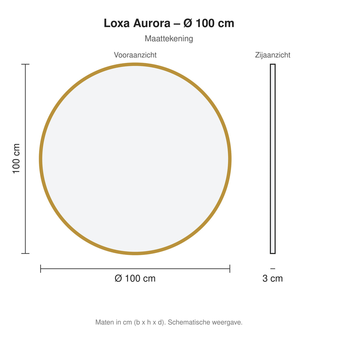 Loxa Aurora ronde LED badkamerspiegel met gouden lijst 100 cm maattekening