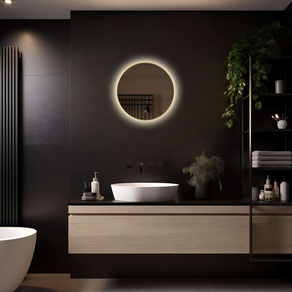 Loxa Aurora ronde LED badkamerspiegel met gouden lijst 50 cm sfeerfoto 3