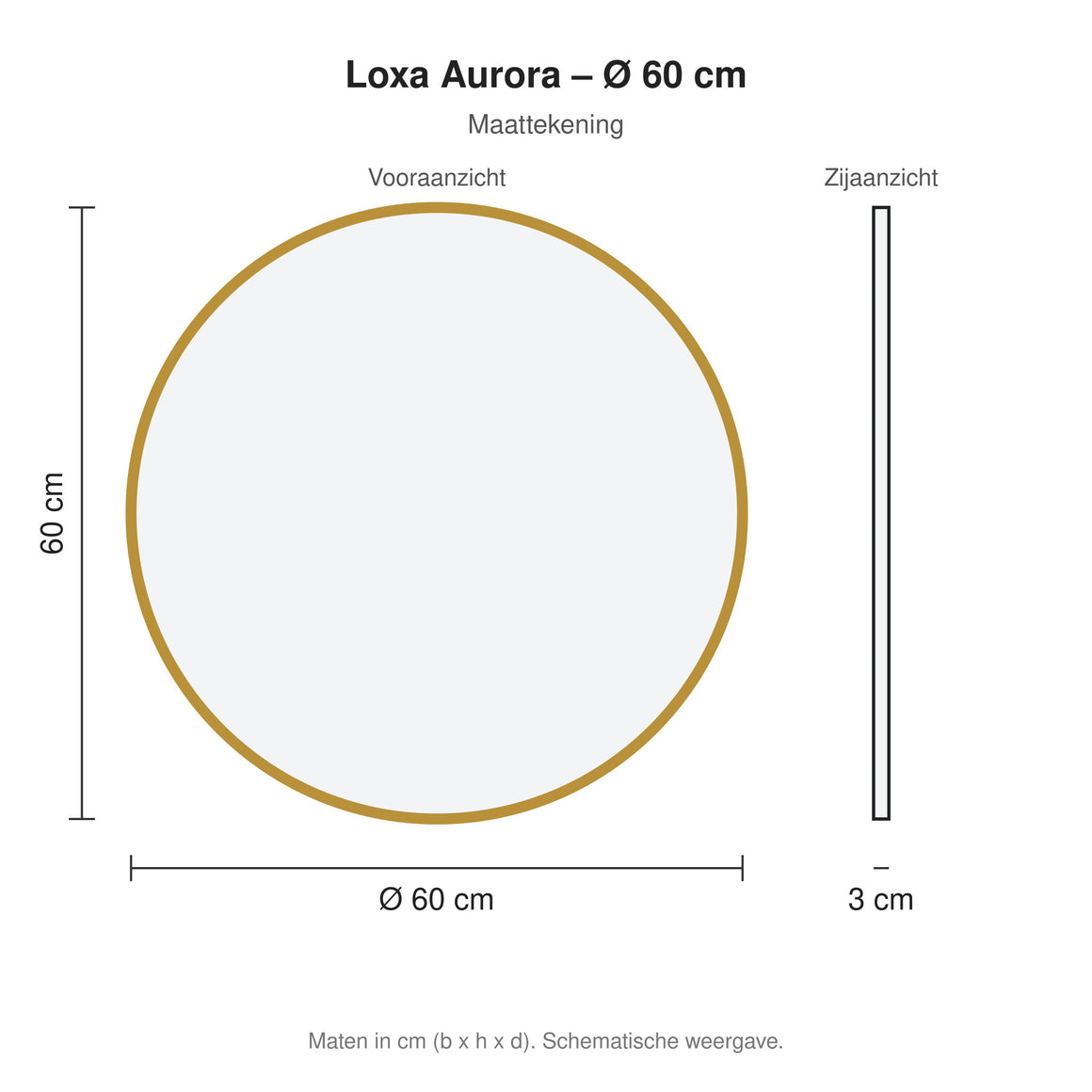 Loxa Aurora ronde LED badkamerspiegel met gouden lijst 60 cm maattekening