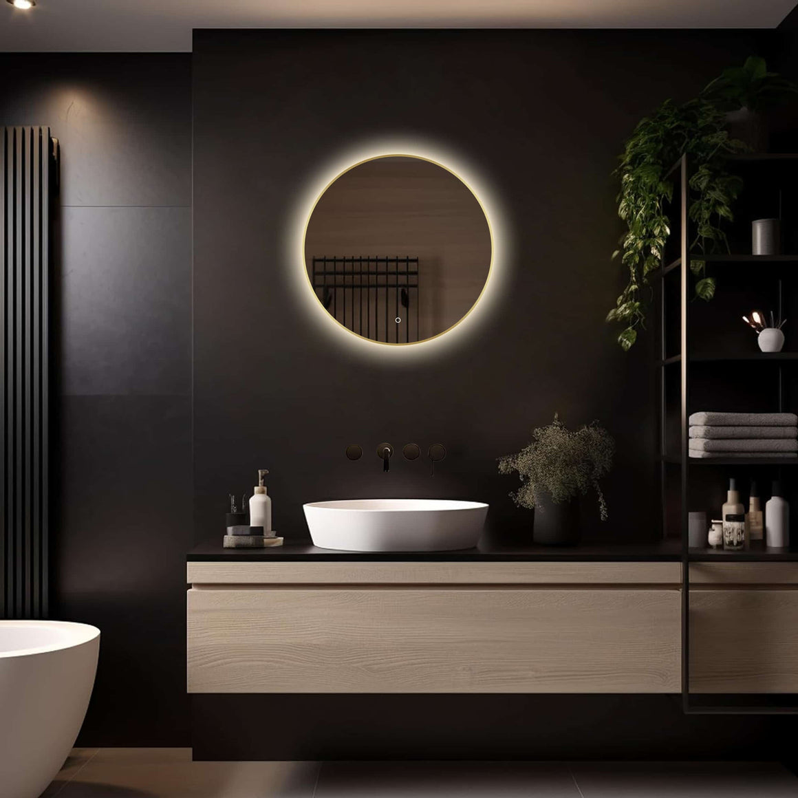 Loxa Aurora ronde LED badkamerspiegel met gouden lijst 60 cm sfeerfoto 3