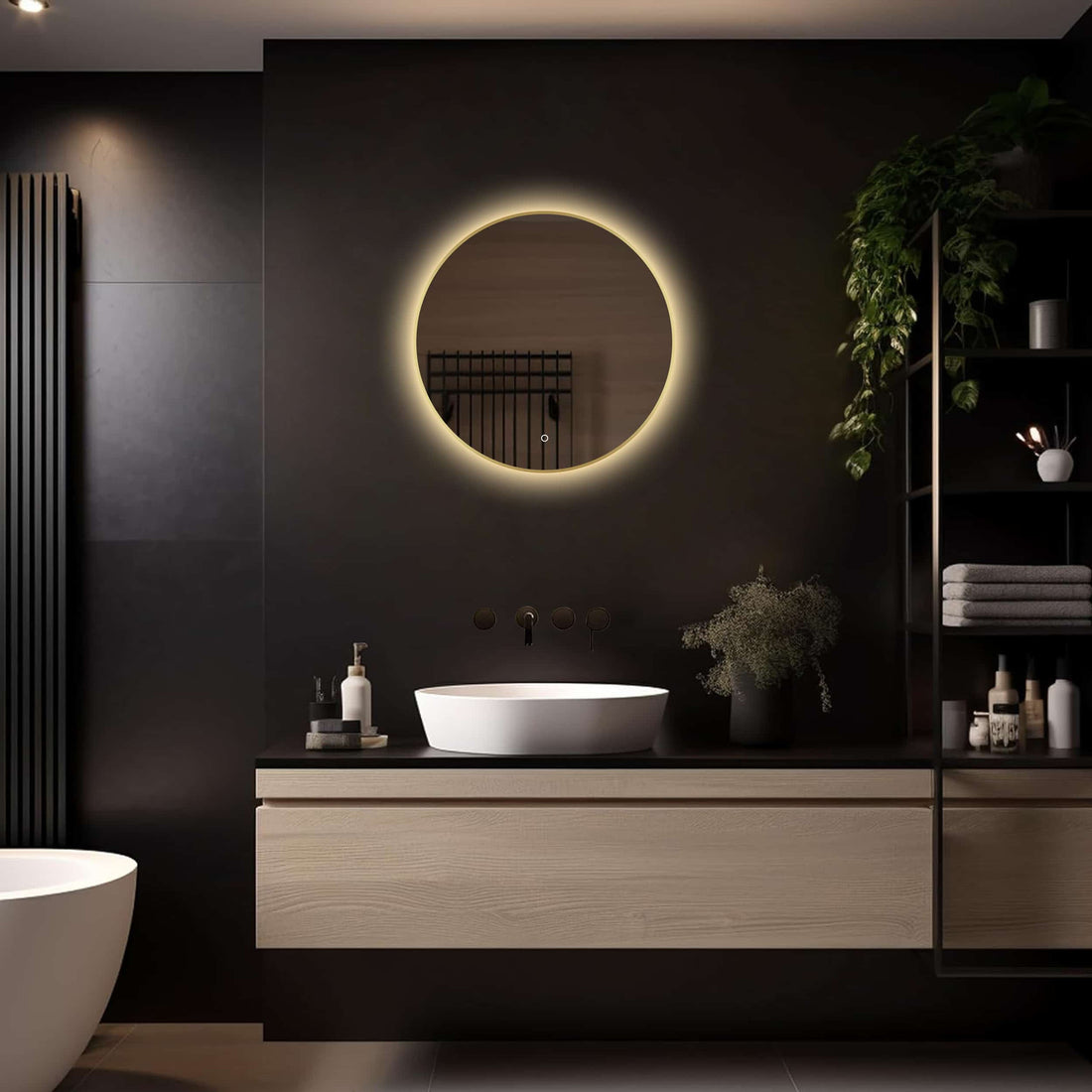 Loxa Aurora ronde LED badkamerspiegel met gouden lijst 60 cm sfeerfoto
