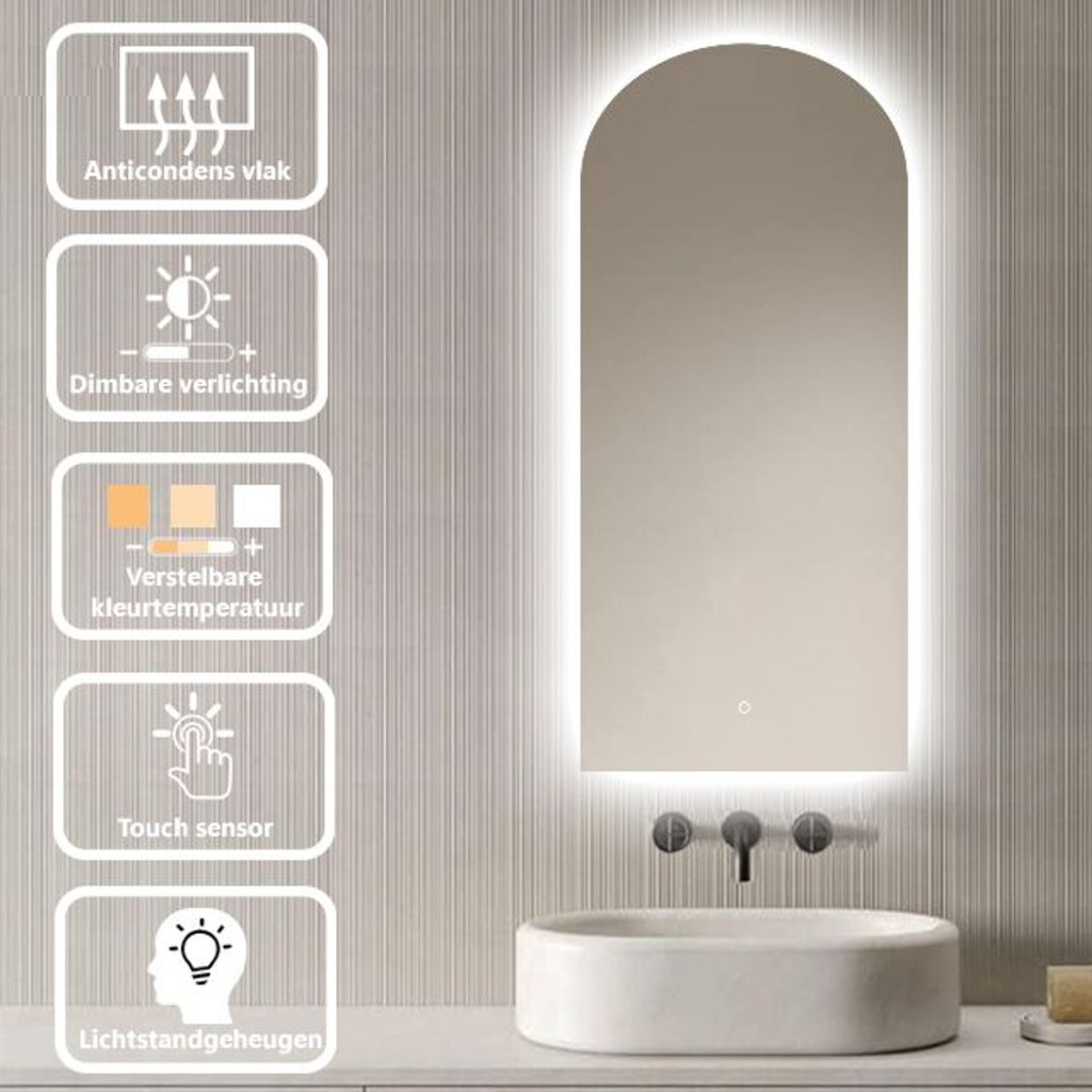 Loxa Casablanca boogvormige LED badkamerspiegel randloos 45 x 100 cm functies