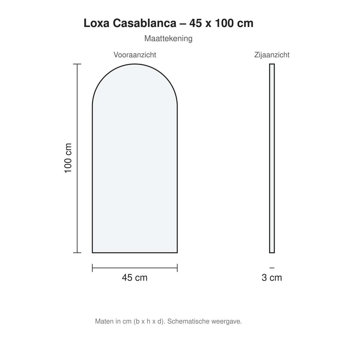 Loxa Casablanca boogvormige LED badkamerspiegel randloos 45 x 100 cm maattekening