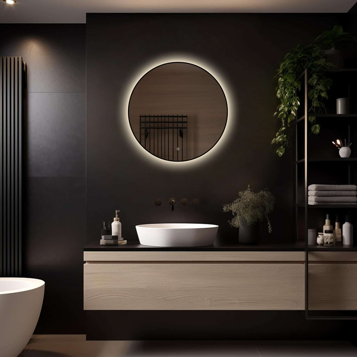 Loxa Ilona ronde LED badkamerspiegel met zwarte lijst 70 cm sfeerfoto 3