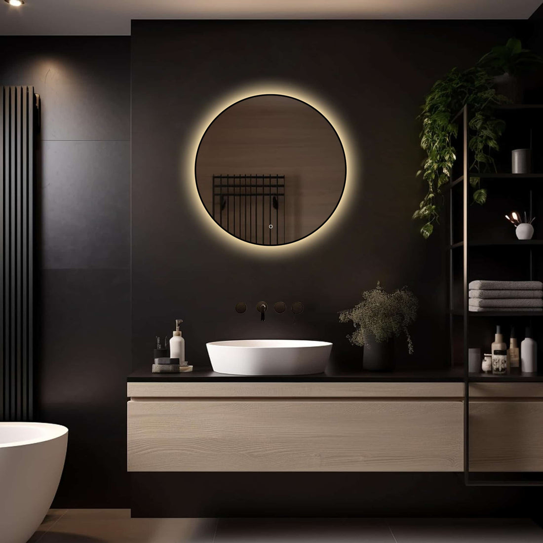 Loxa Ilona ronde LED badkamerspiegel met zwarte lijst 70 cm sfeerfoto