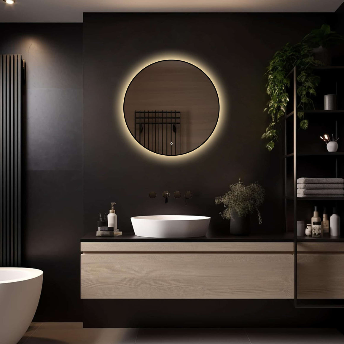 Loxa Ilona ronde LED badkamerspiegel met zwarte lijst 70 cm sfeerfoto