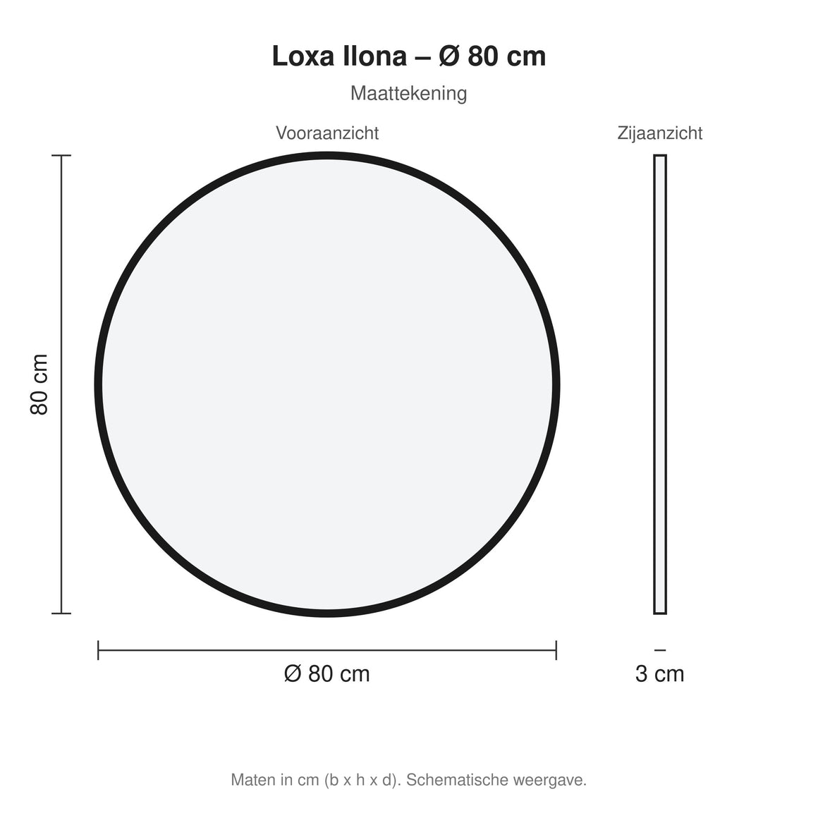 Loxa Ilona ronde LED badkamerspiegel met zwarte lijst 80 cm maattekening