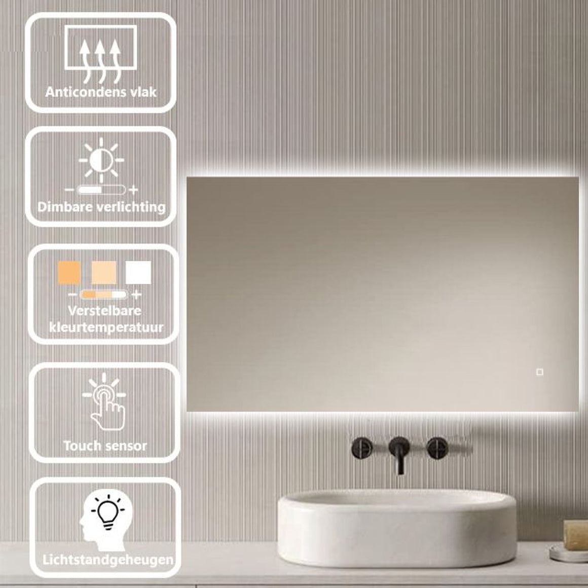 Loxa Livorno rechthoekige LED badkamerspiegel randloos 100 x 60 cm functies