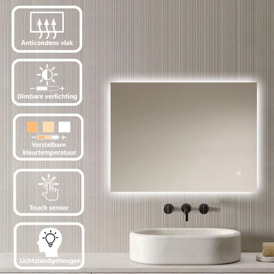 Loxa Livorno rechthoekige LED badkamerspiegel randloos 80 x 60 cm functies