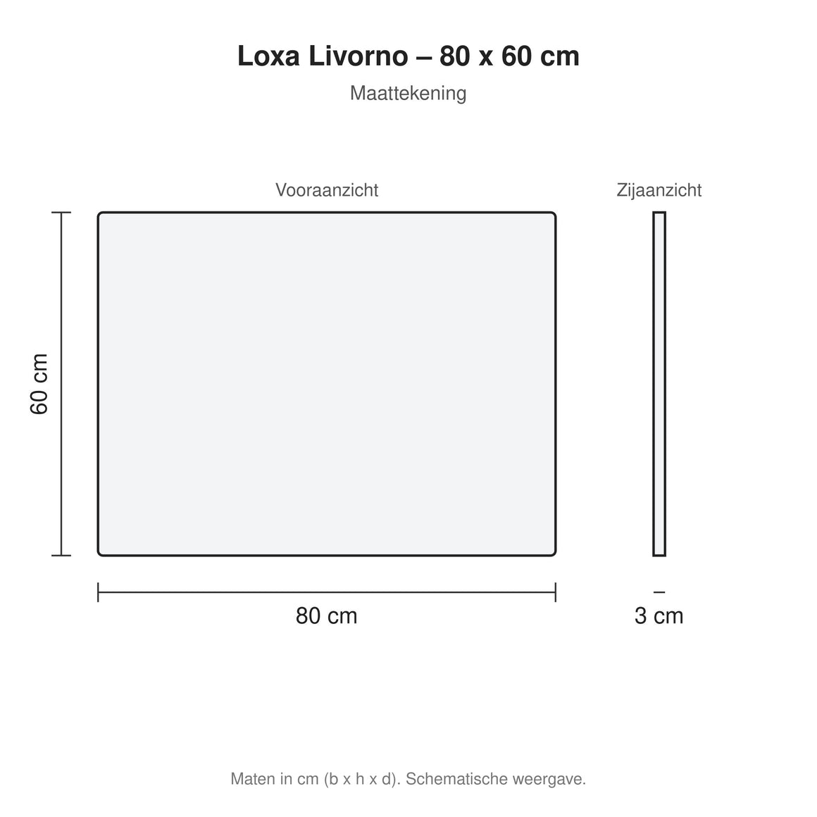 Loxa Livorno rechthoekige LED badkamerspiegel randloos 80 x 60 cm maattekening