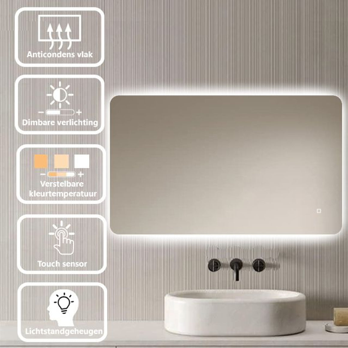 Loxa Malaga rechthoekige LED badkamerspiegel randloos 100 x 60 cm functies