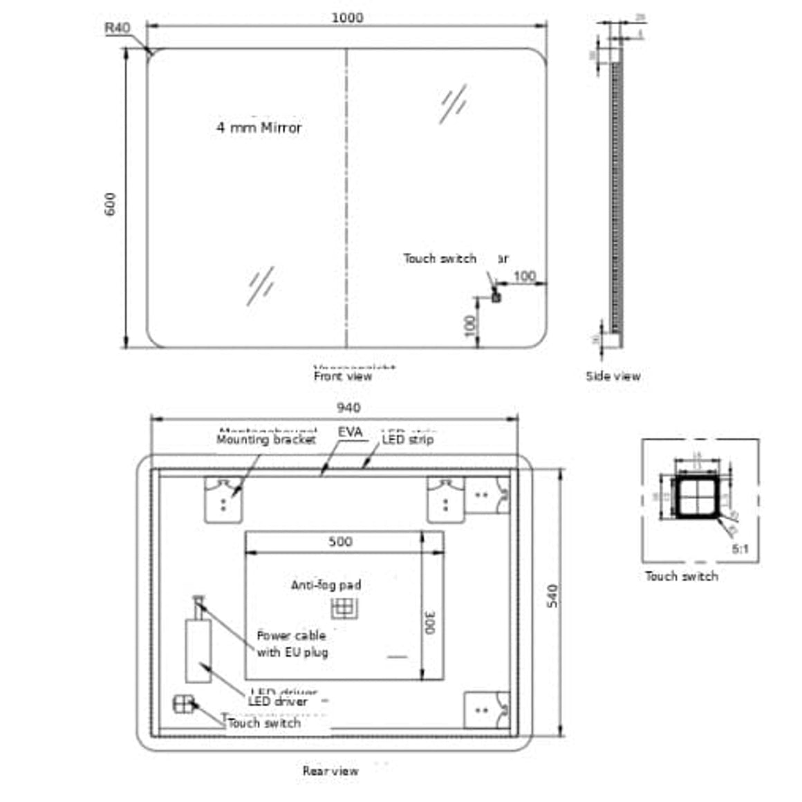 Loxa Malaga rechthoekige LED badkamerspiegel randloos 100 x 60 cm technische tekening
