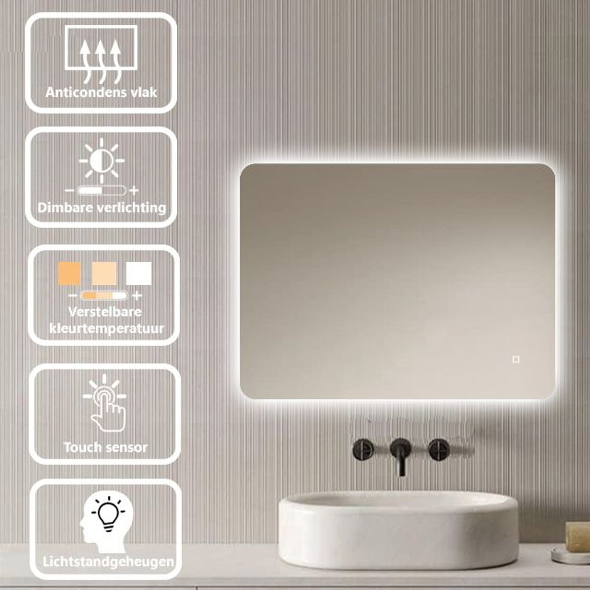 Loxa Malaga rechthoekige LED badkamerspiegel randloos 80 x 60 cm functies