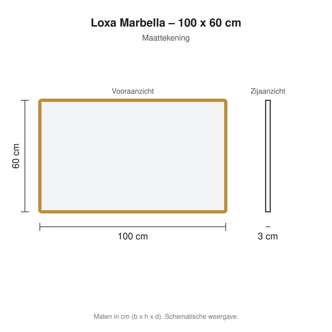 Loxa Marbella rechthoekige LED badkamerspiegel met gouden lijst 100 x 60 cm maattekening