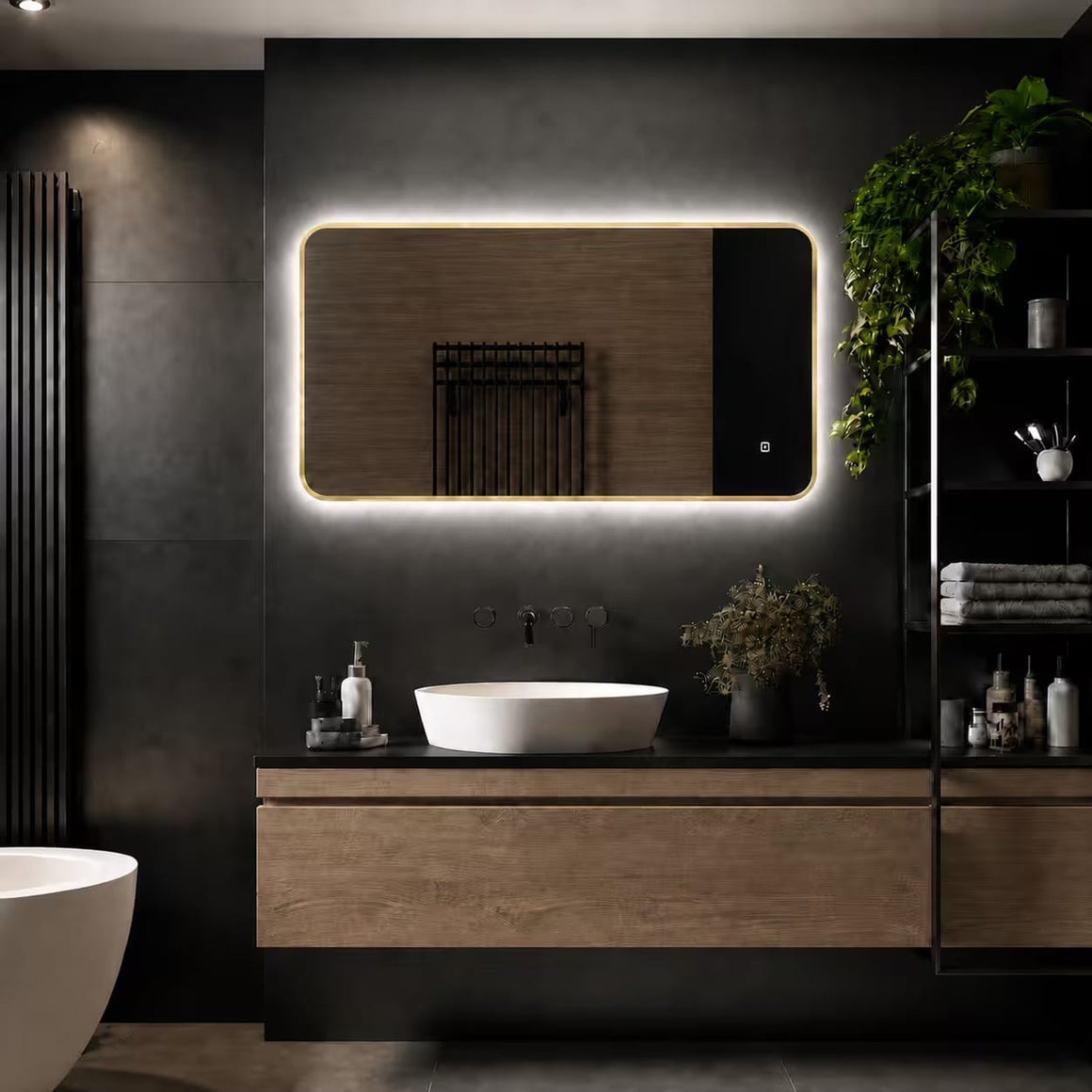 Loxa Marbella rechthoekige LED badkamerspiegel met gouden lijst 100 x 60 cm sfeerfoto 4