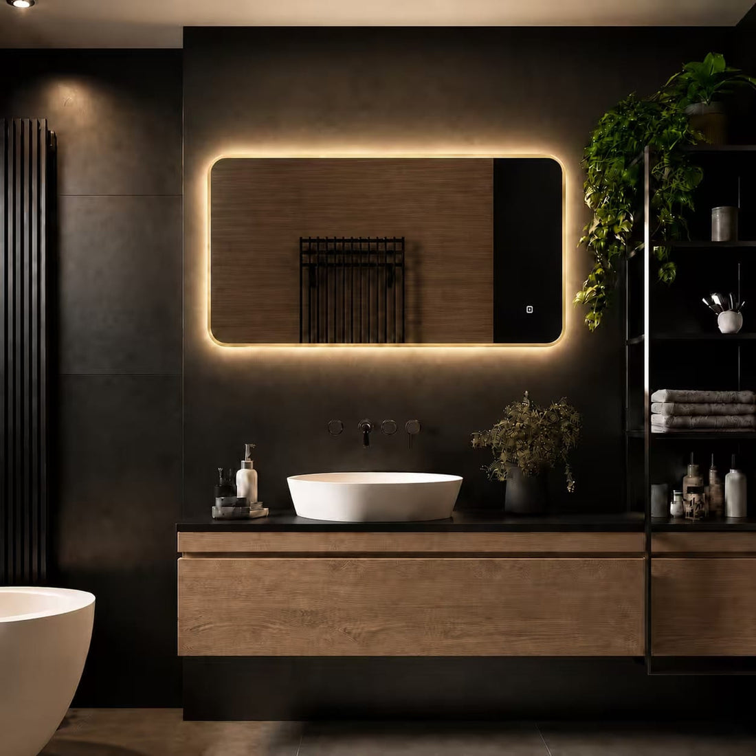 Loxa Marbella rechthoekige LED badkamerspiegel met gouden lijst 100 x 60 cm sfeerfoto