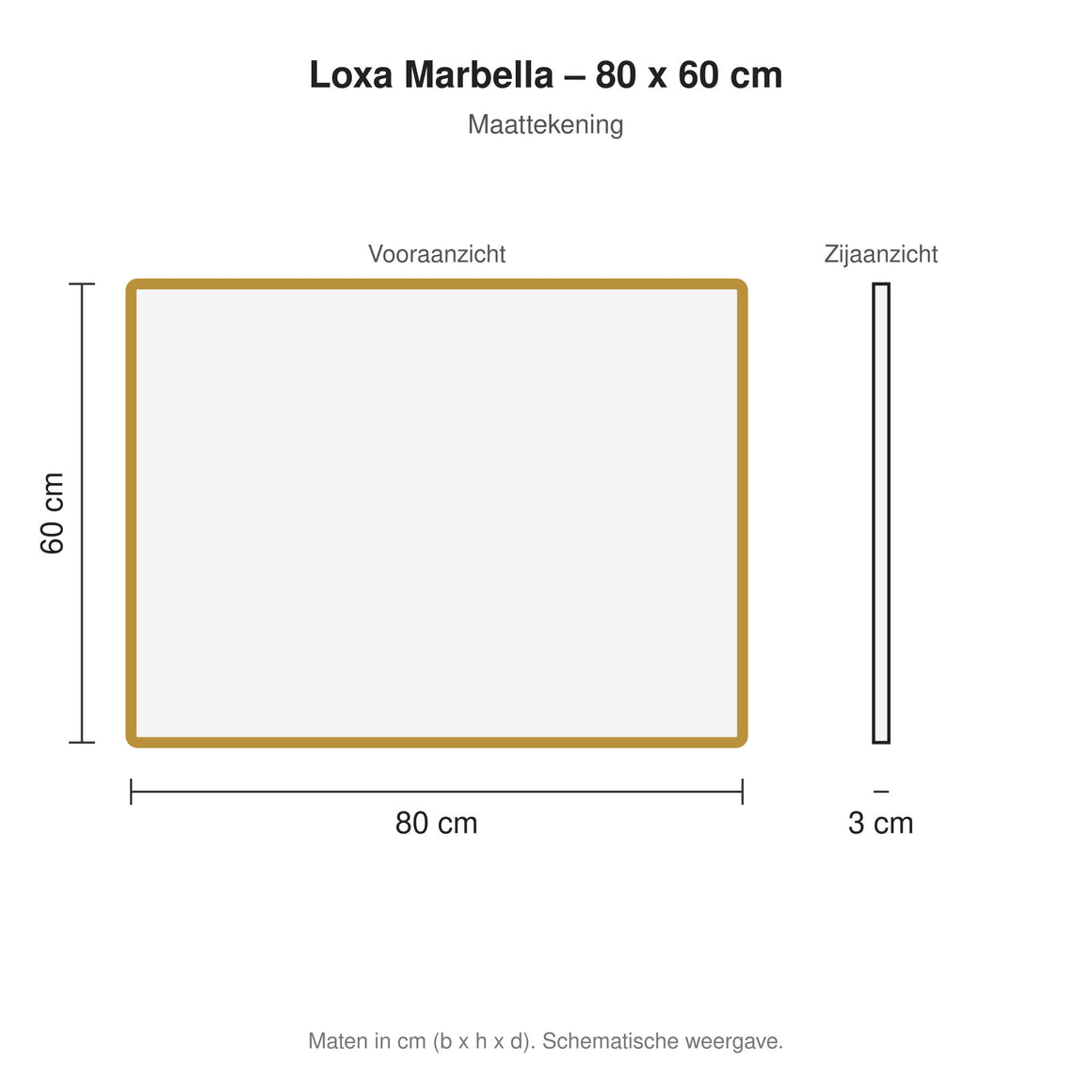 Loxa Marbella rechthoekige LED badkamerspiegel met gouden lijst 80 x 60 cm maattekening