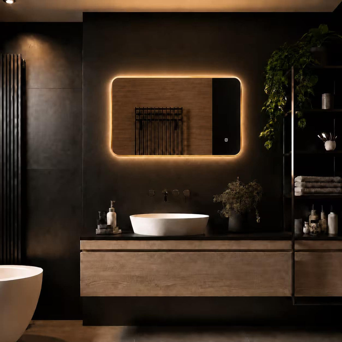 Loxa Marbella rechthoekige LED badkamerspiegel met gouden lijst 80 x 60 cm sfeerfoto 4