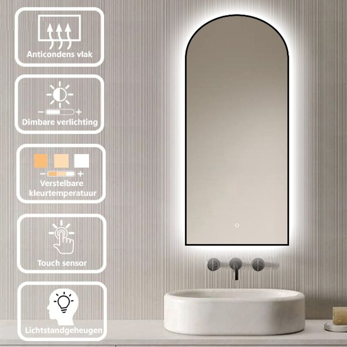 Loxa Marrakech boogvormige LED badkamerspiegel met zwarte lijst 45 x 100 cm functies