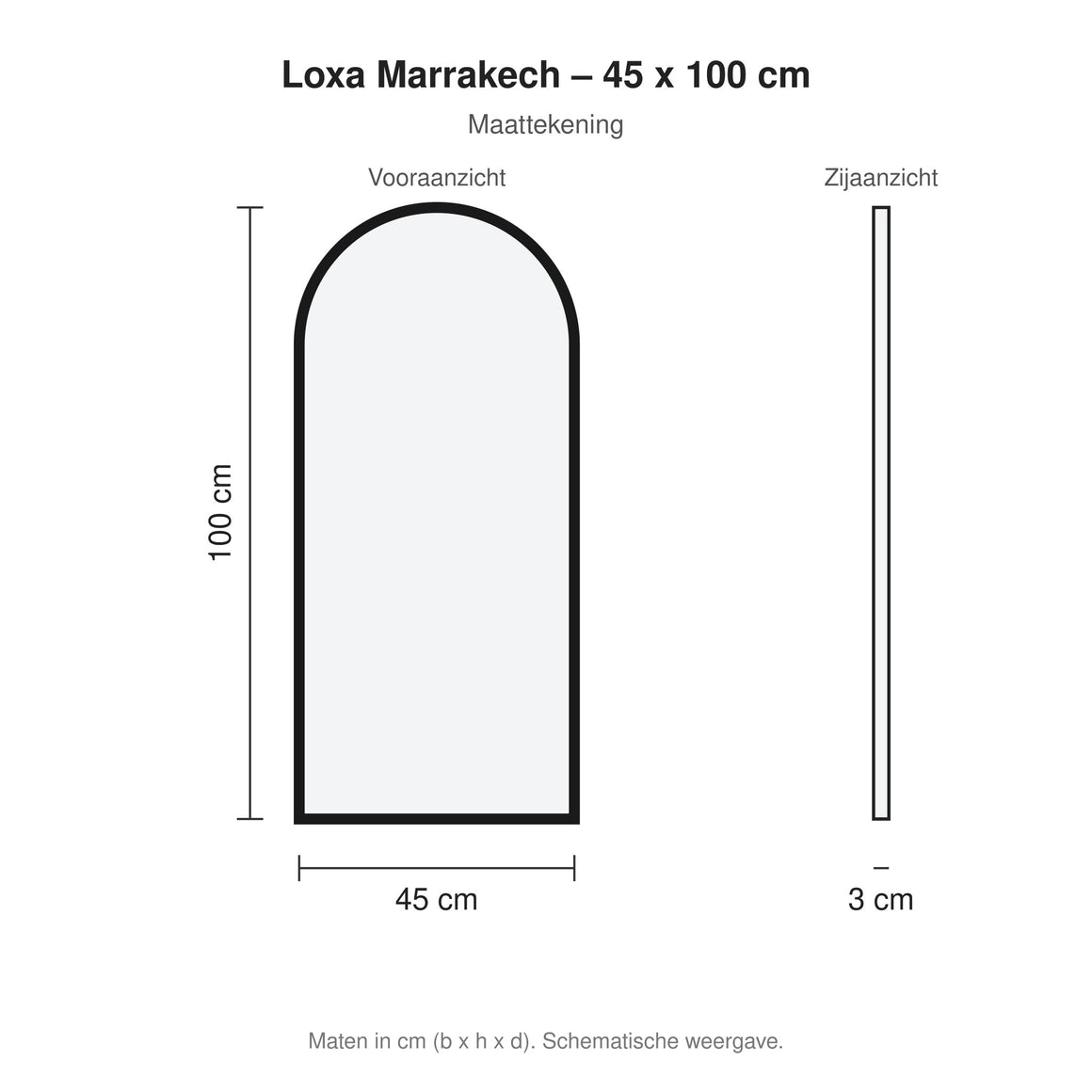 Loxa Marrakech boogvormige LED badkamerspiegel met zwarte lijst 45 x 100 cm maattekening