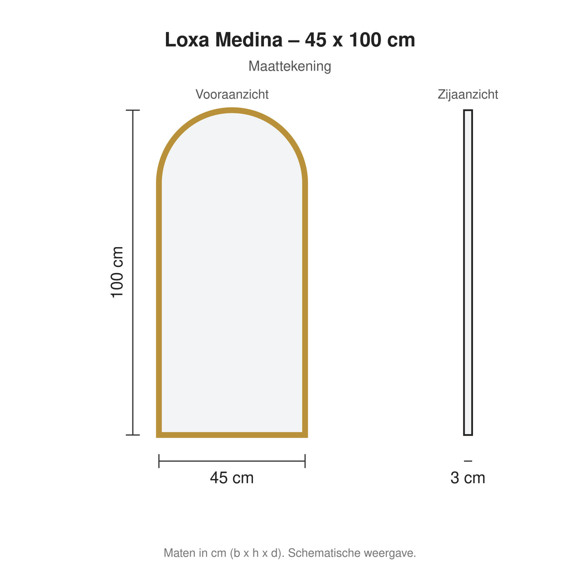 Loxa Medina boogvormige LED badkamerspiegel met gouden lijst 45 x 100 cm maattekening