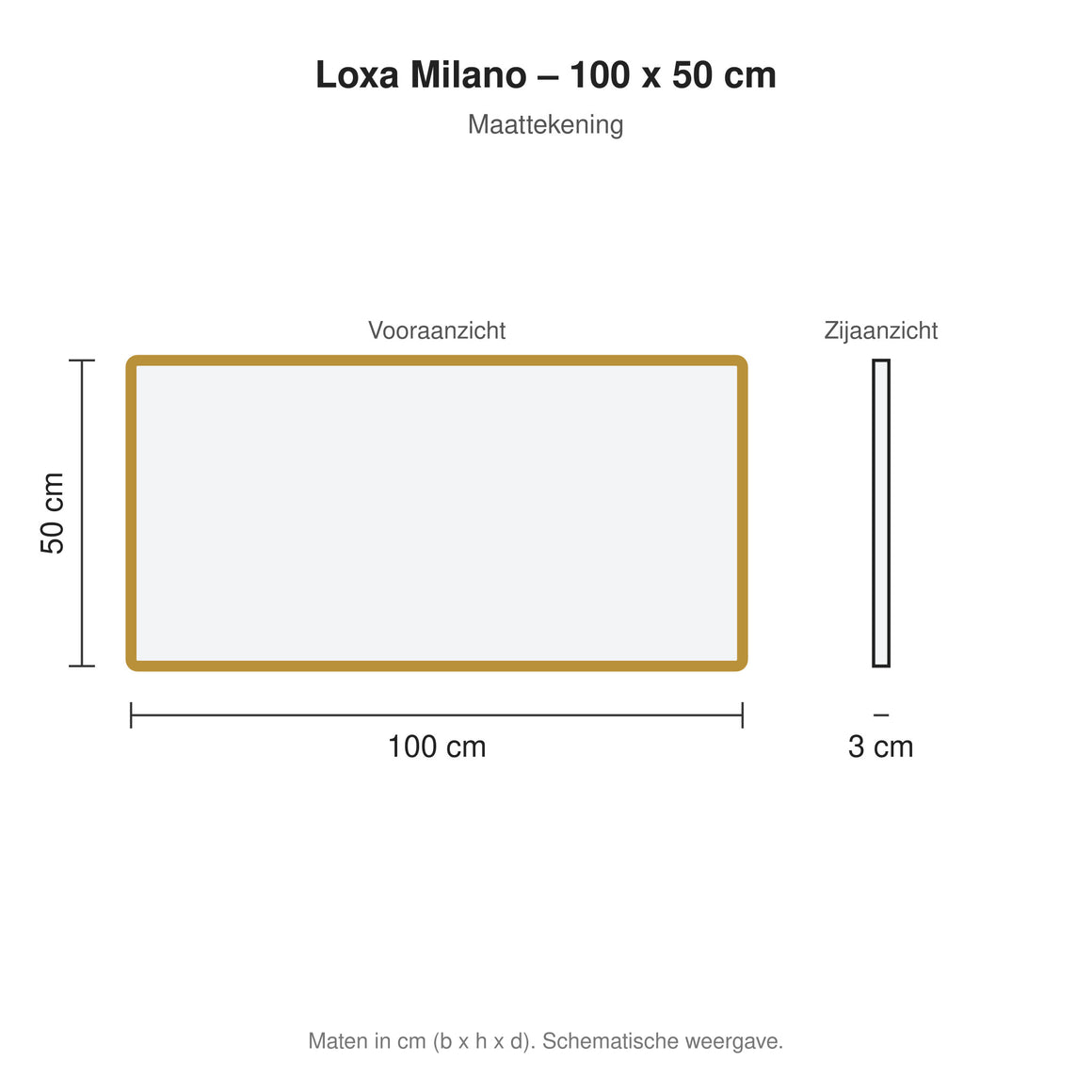 Loxa Milano rechthoekige LED badkamerspiegel met gouden lijst 100 x 50 cm maattekening