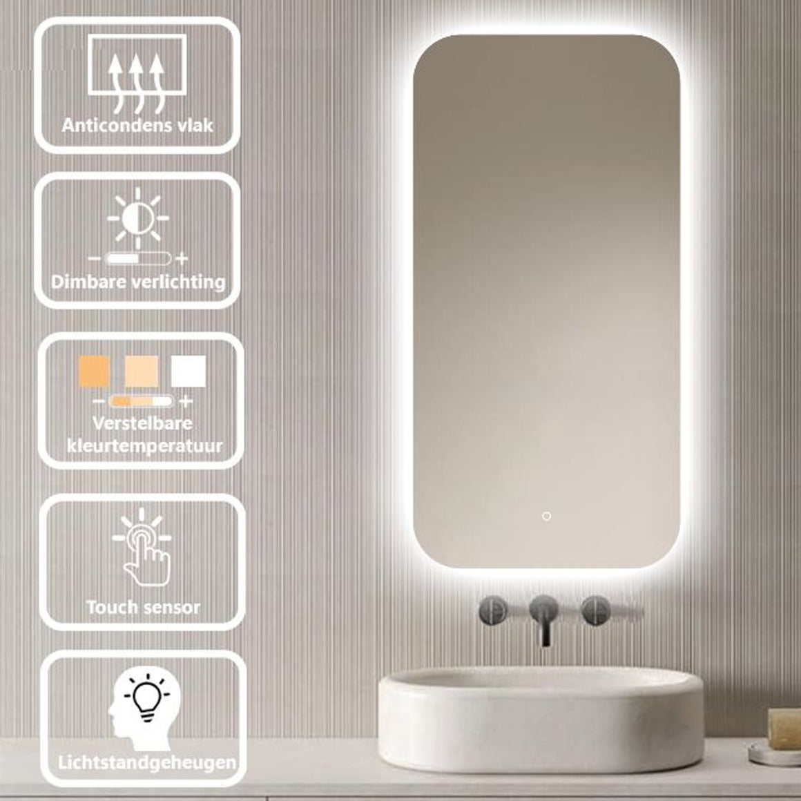 Loxa Moderna rechthoekige LED badkamerspiegel randloos 50 x 100 cm functies