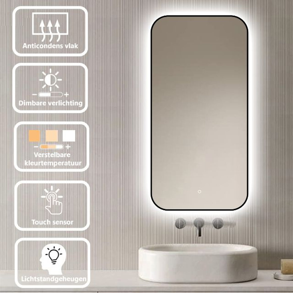 Loxa Monaco rechthoekige LED badkamerspiegel met zwarte lijst 50 x 100 cm functies