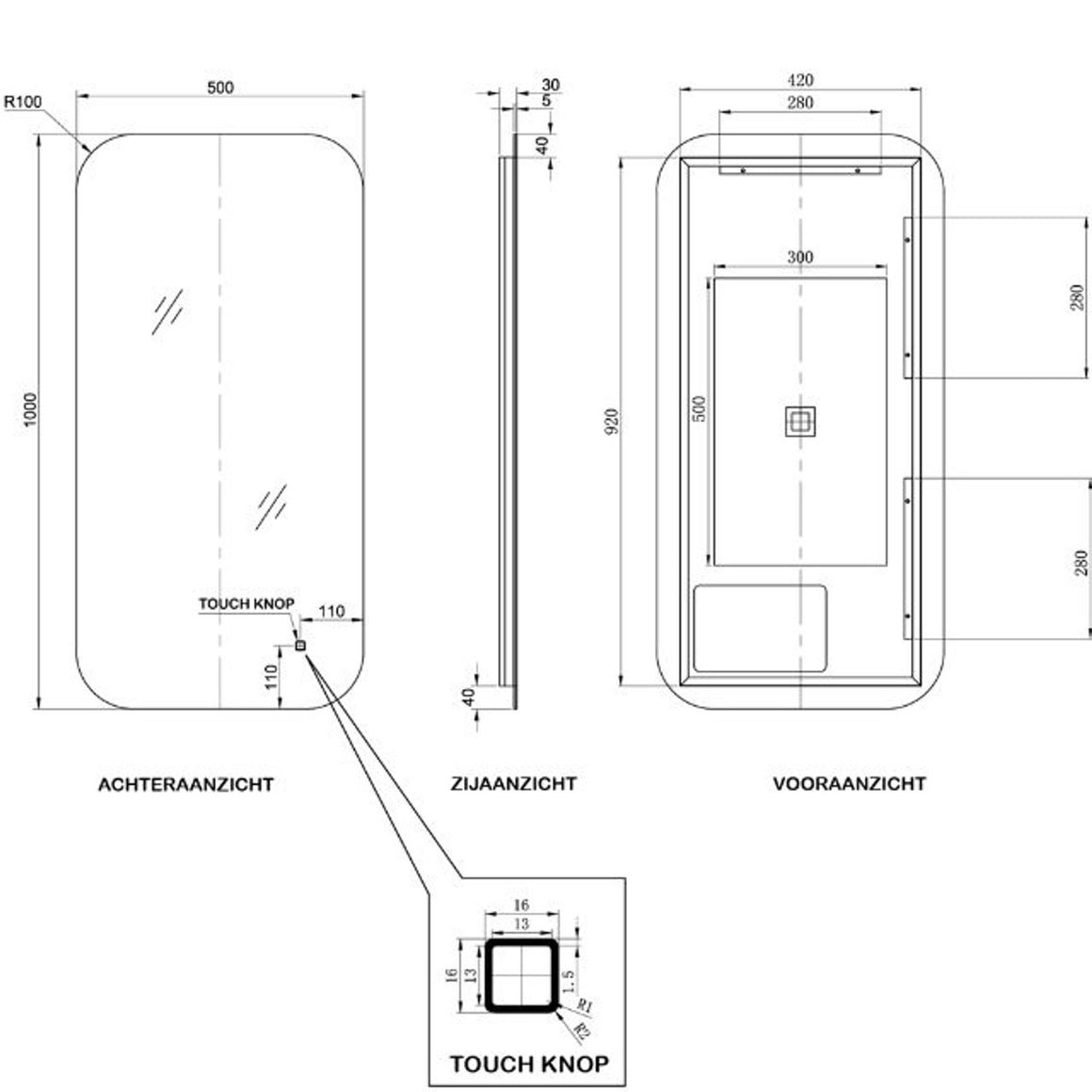 Loxa Monaco rechthoekige LED badkamerspiegel met zwarte lijst 50 x 100 cm technische tekening