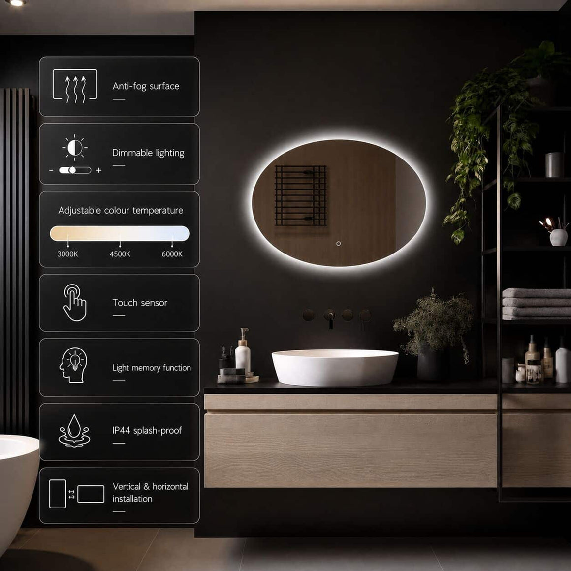 Loxa Rondo ovale LED badkamerspiegel randloos 100 x 70 cm functie