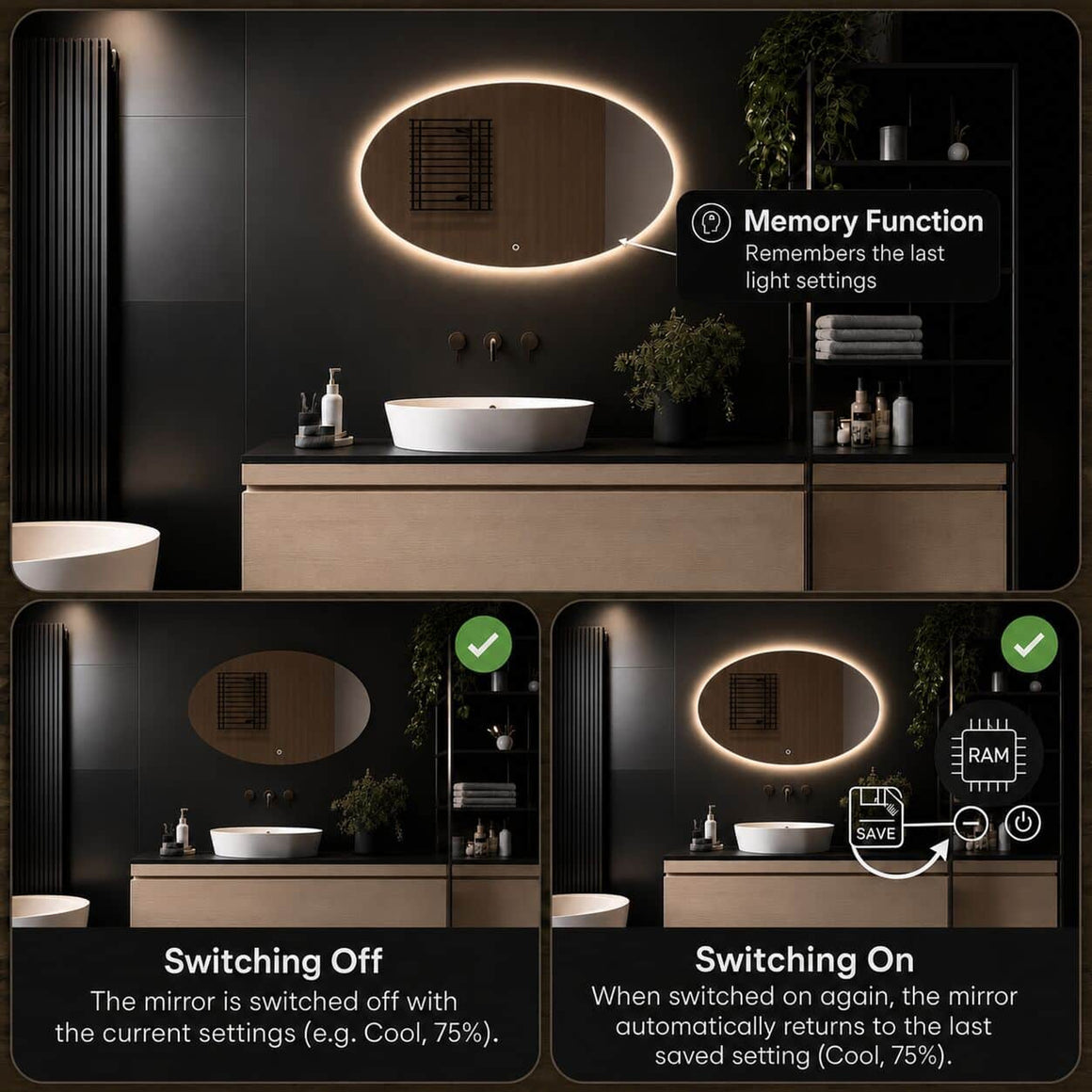 Loxa Rondo ovale LED badkamerspiegel randloos functie 4