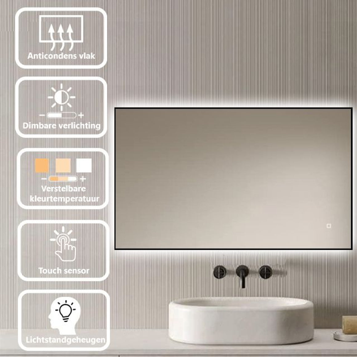 Loxa Sorento rechthoekige LED badkamerspiegel met zwarte lijst 100 x 60 cm functies
