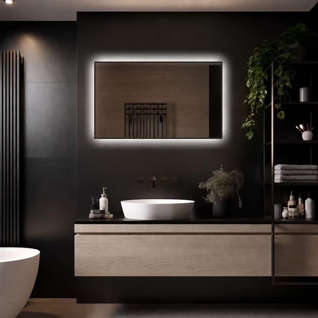 Loxa Sorento rechthoekige LED badkamerspiegel met zwarte lijst 100 x 60 cm sfeerfoto 2