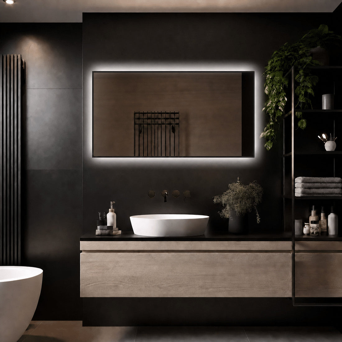 Loxa Sorento rechthoekige LED badkamerspiegel met zwarte lijst 120 x 60 cm sfeerfoto 3
