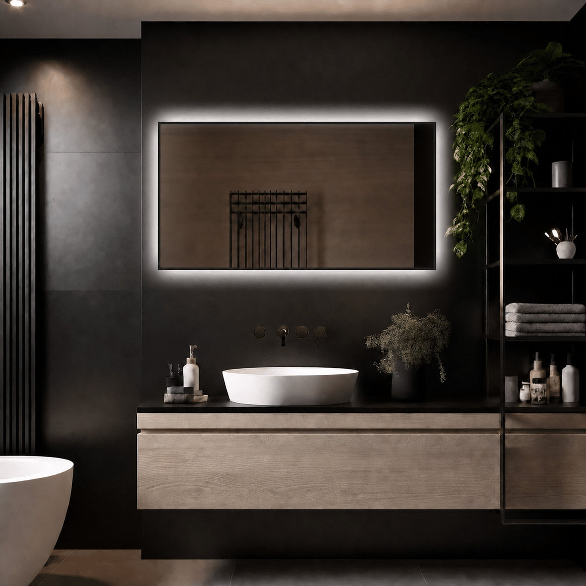 Loxa Sorento rechthoekige LED badkamerspiegel met zwarte lijst 120 x 60 cm sfeerfoto 3