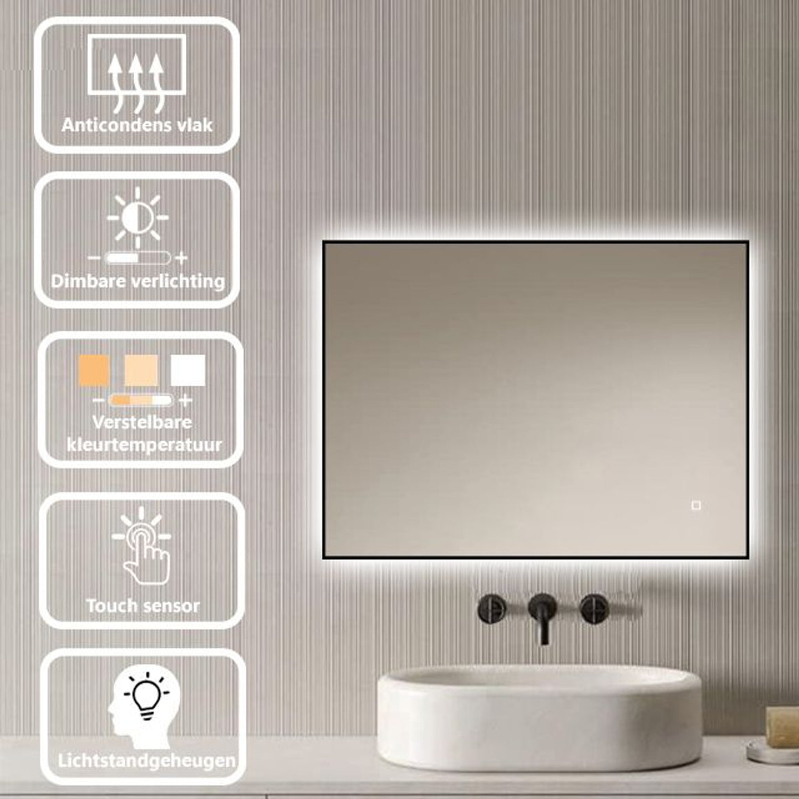 Loxa Sorento rechthoekige LED badkamerspiegel met zwarte lijst 80 x 60 cm functies