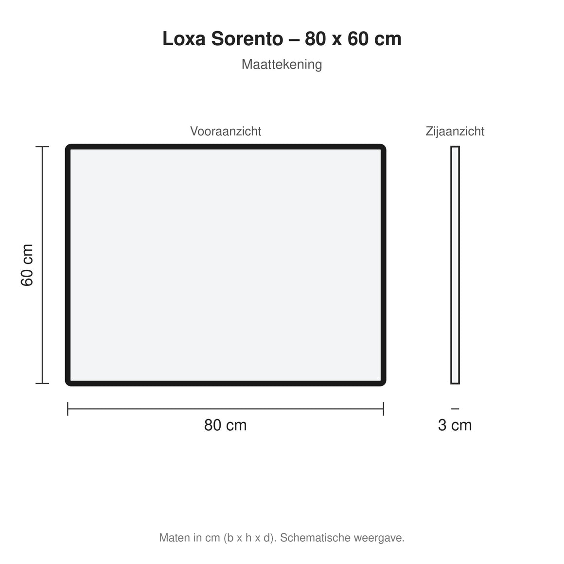 Loxa Sorento rechthoekige LED badkamerspiegel met zwarte lijst 80 x 60 cm maattekening