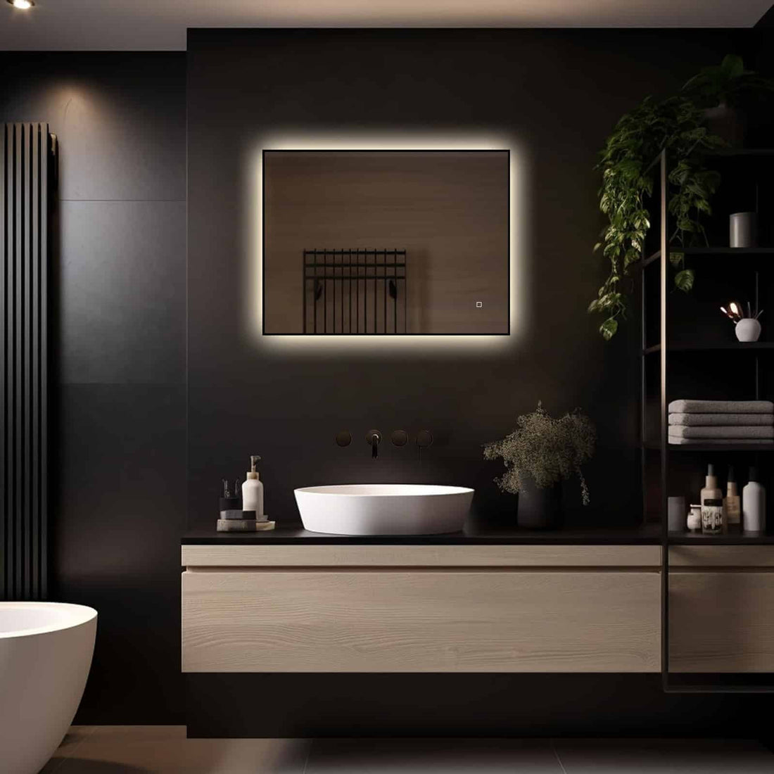 Loxa Sorento rechthoekige LED badkamerspiegel met zwarte lijst 80 x 60 cm sfeerfoto 2