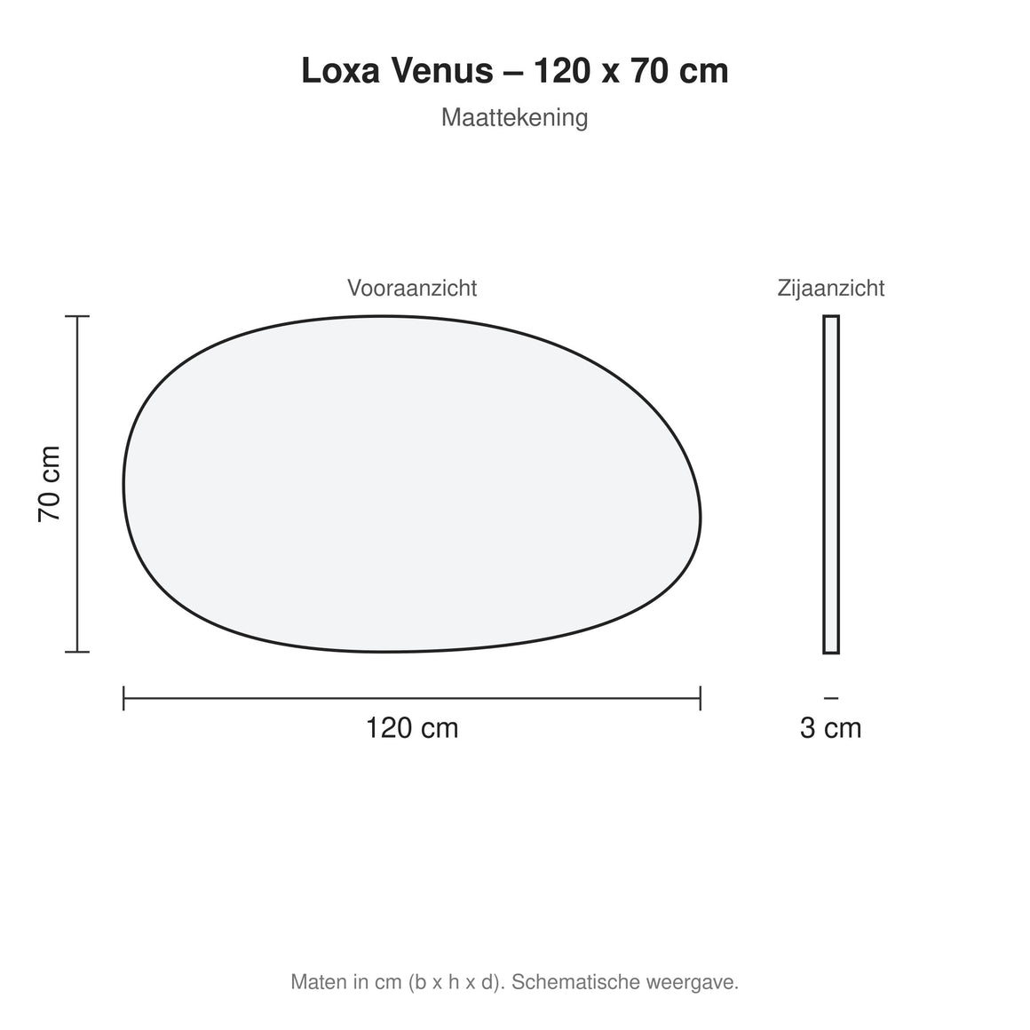 Loxa Venus organische LED badkamerspiegel randloos 120 x 70 cm maattekening