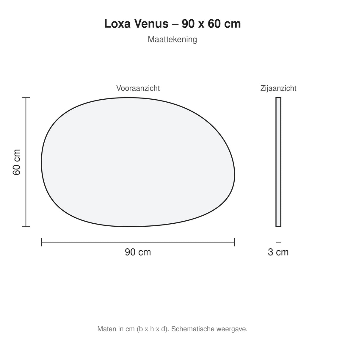 Loxa Venus organische LED badkamerspiegel randloos 90 x 60 cm maattekening
