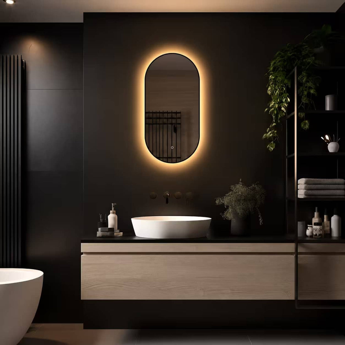 Loxa Vienna ovale LED badkamerspiegel met zwarte lijst 40 x 80 cm sfeerfoto 3