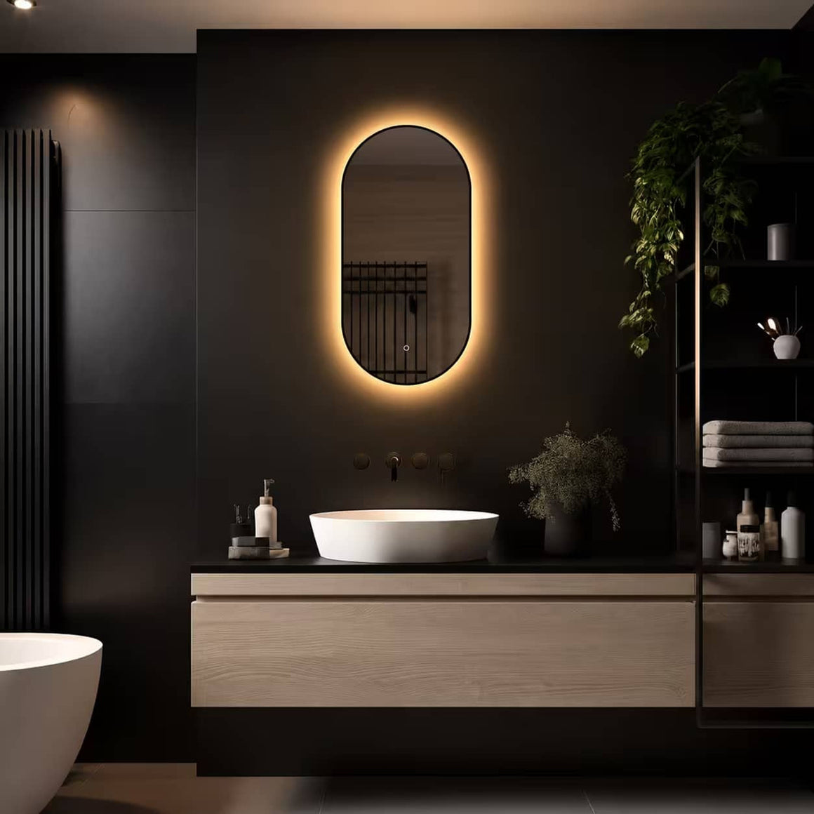 Loxa Vienna ovale LED badkamerspiegel met zwarte lijst 40 x 80 cm sfeerfoto 3